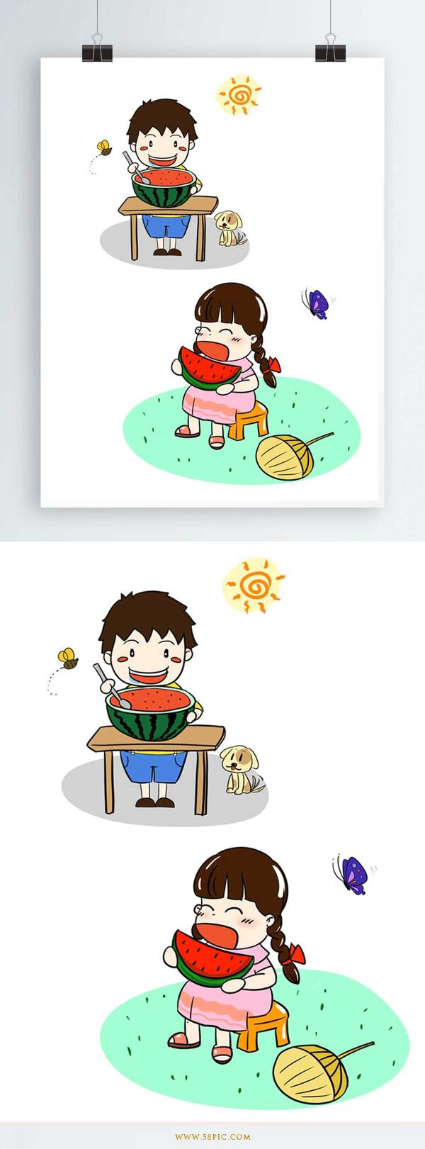 吃西瓜的小孩插画夏天元素