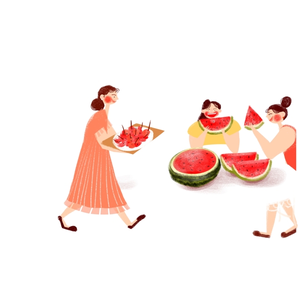 吃西瓜的三个女孩图案元素