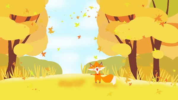 秋季枫树林狐狸背景素材