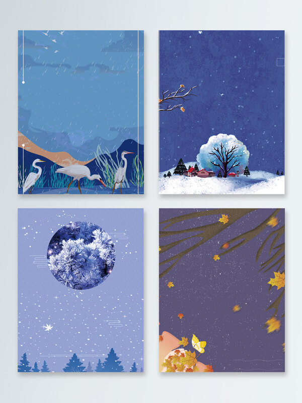 中国风文艺冬季清新雪地卡通广告背景图