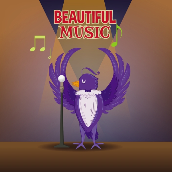 音乐插图与可爱的小鸟和字体