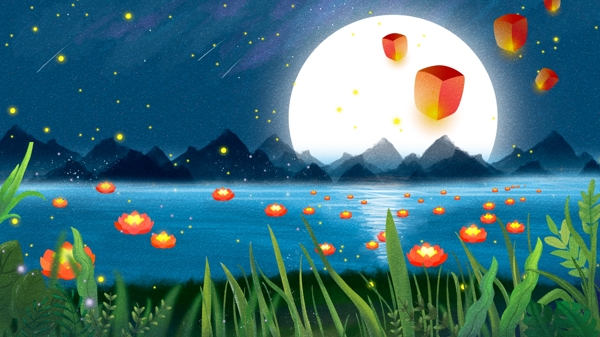 中元節(jié)河邊插畫背景圖