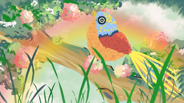 花鳥彩虹櫻花插畫