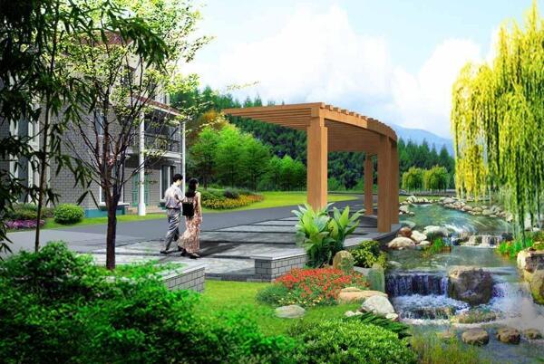 別墅區(qū)水邊花架效果圖PSD文件