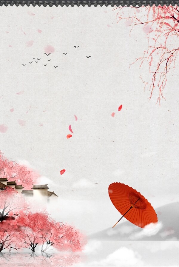 樱花节唯美中国风纸伞樱花树古建筑海报
