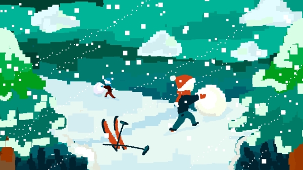 圣诞节推雪人下雪圣诞树滑雪冬天像素画