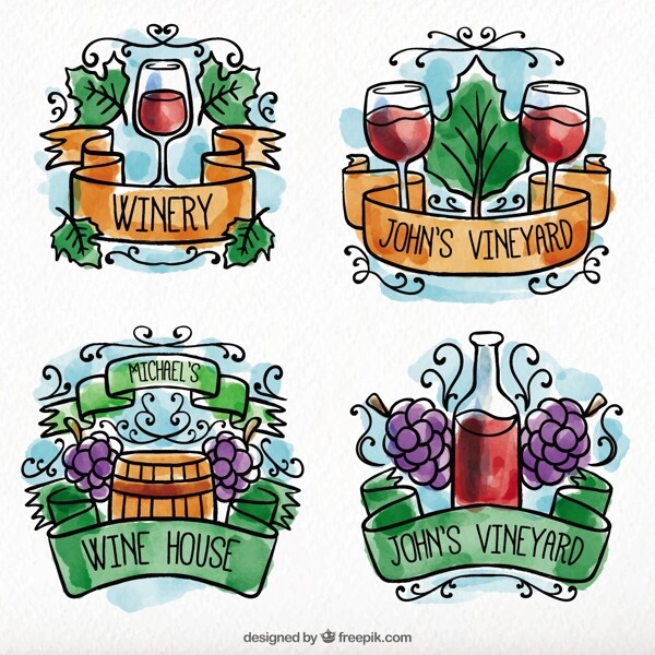 几个水彩葡萄酒标签