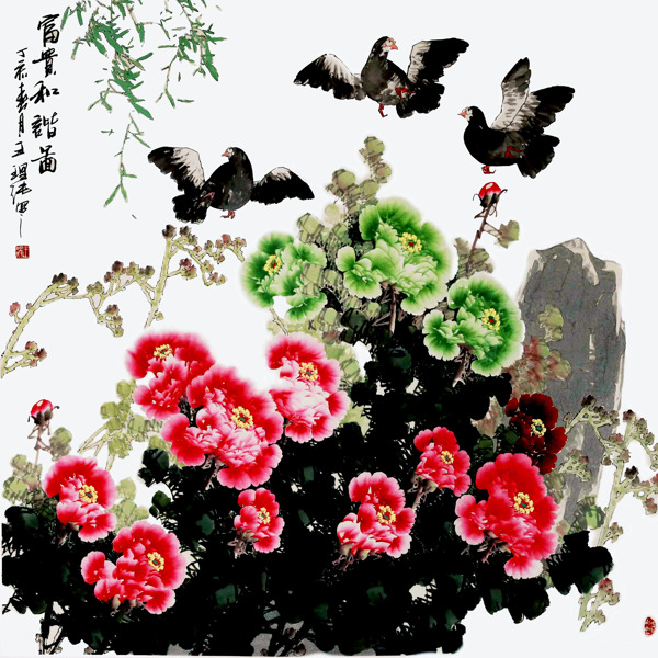 牡丹飛鳥國畫圖片