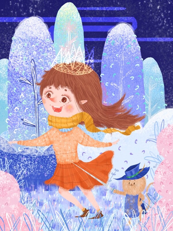 手绘唯美冬季森林公主女孩猫咪插画