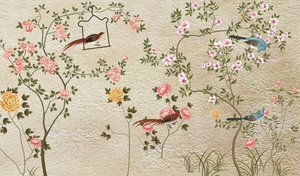 花鸟画手绘花鸟鸟笼背景墙图片