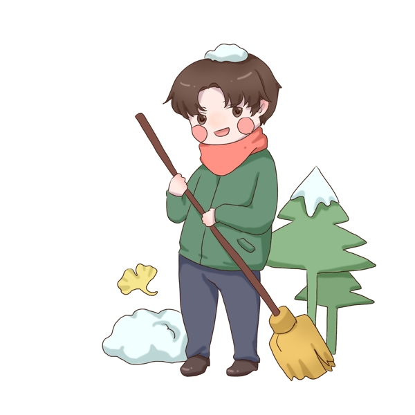 手绘卡通冬天打扫卫生的男孩