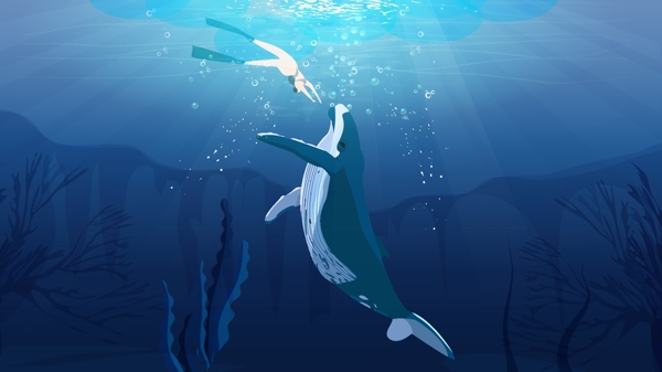 海蓝时见鲸畅游在深海的梦幻中