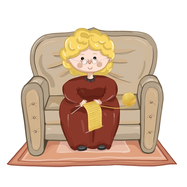 母亲节坐在沙发上织毛衣慈祥的母亲