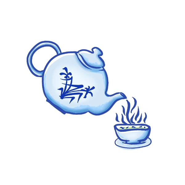 青花瓷器茶壶倒热饮茶水