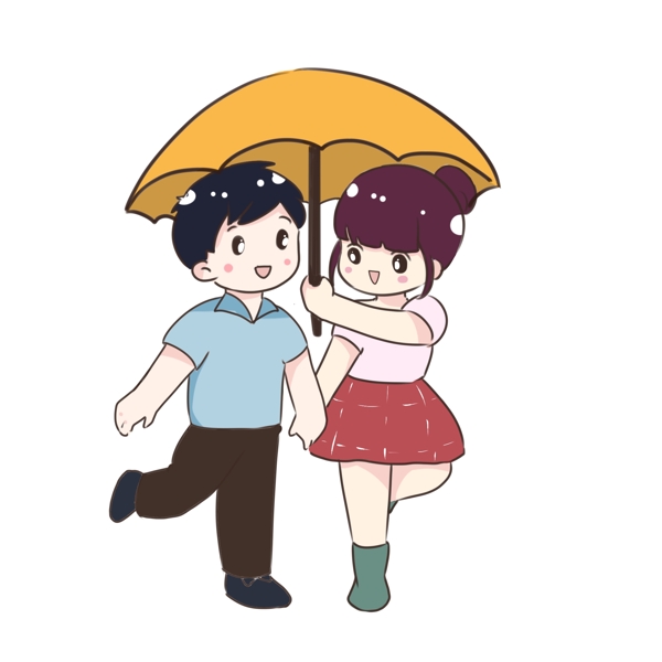 手绘卡通打伞的情侣
