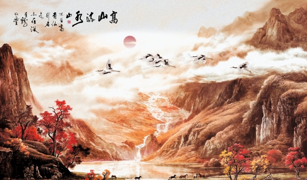 中式意境高山流水飞鹤背景墙