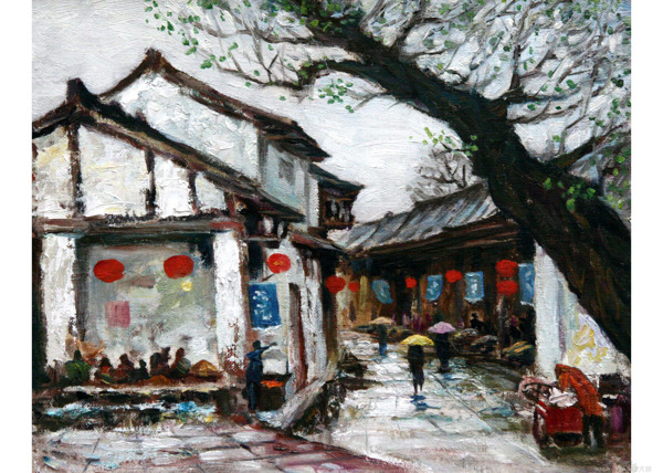 中國胡同油畫圖片