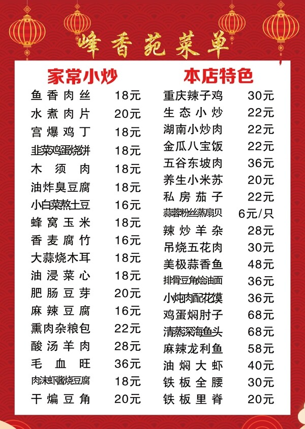 飯店菜單