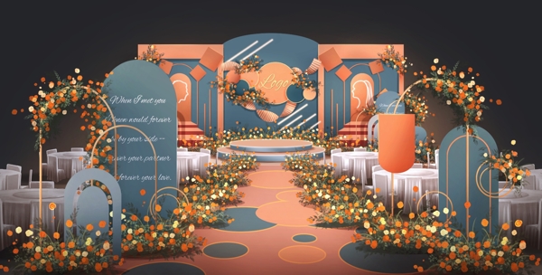 橙蓝色婚礼主背景效果图图片