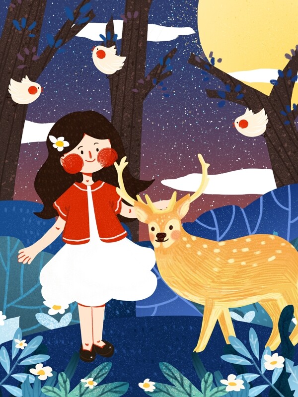 林深时见鹿少女鹿相遇可爱简约扁平原创插画