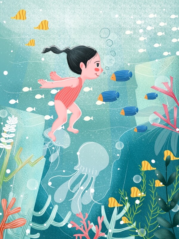 你好夏天之海底潜水插画