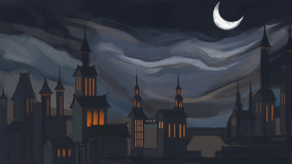 创意涂鸦风格午夜之城怪异城堡夜色插画