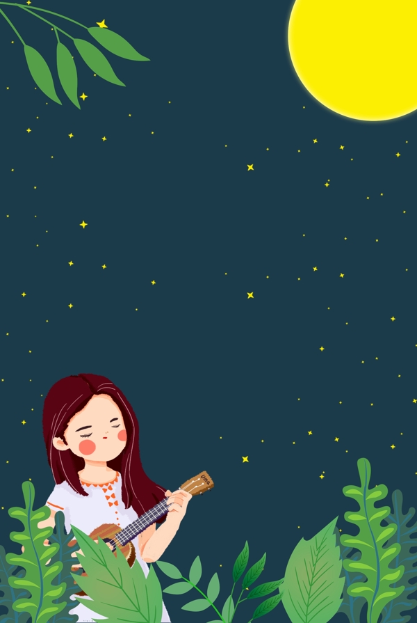 吉他女孩月光下植物海报背景