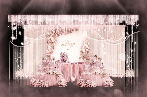 粉色欧式线帘甜美婚礼甜品区效果图