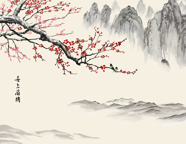 梅花山水背景墻