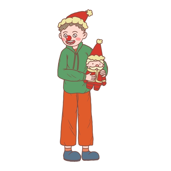 圣诞节卡通手绘拿布娃娃和男孩