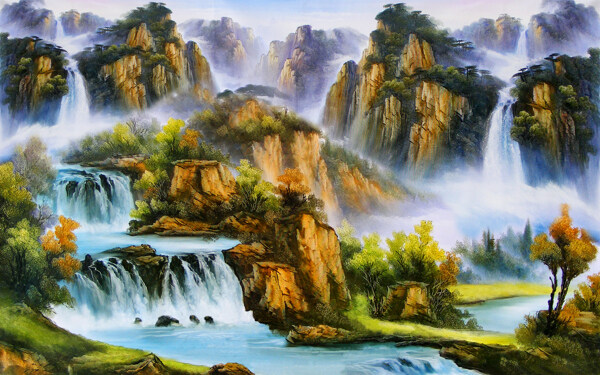 仙境手绘山脉流水风景画背景墙