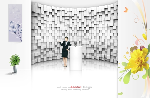 概念3D墙与商务职场美女人物PSD