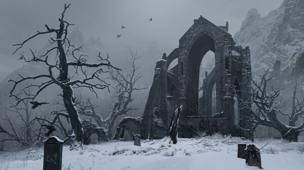 冬天大雪废墟建筑风景