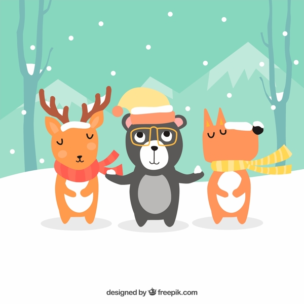 3只可爱雪地里的森林小动物