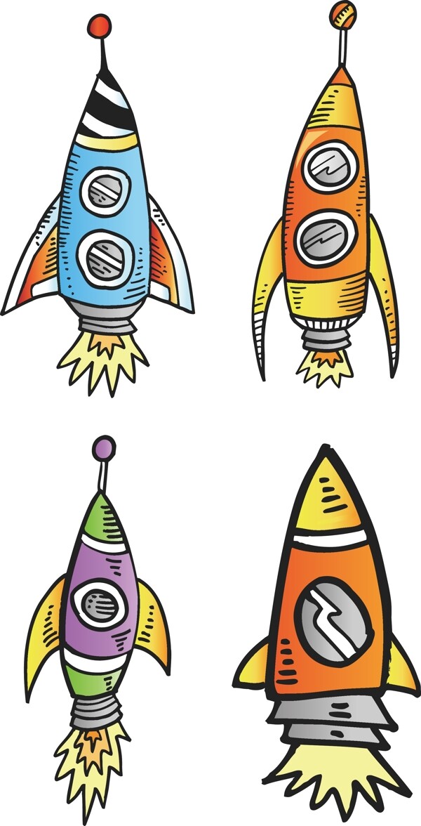 手绘卡通火箭彩绘宇宙飞船太空图