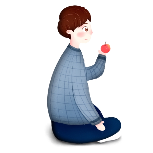 手绘卡通男孩坐在地上吃苹果原创元素