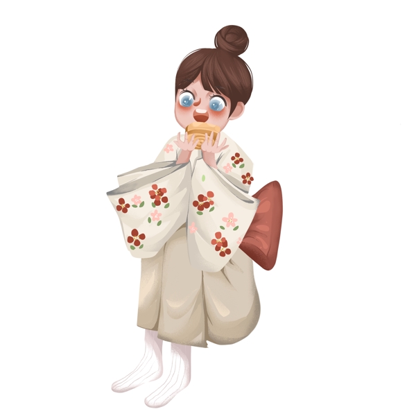 手绘可爱吃饼干的日本女孩