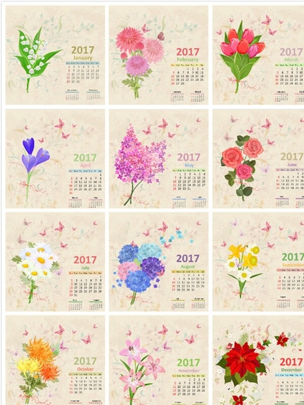 复古手绘花朵图案2017年月历