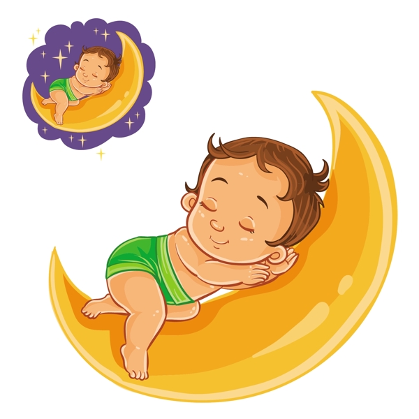 小婴儿的尿布睡着了矢量用月亮代替枕头