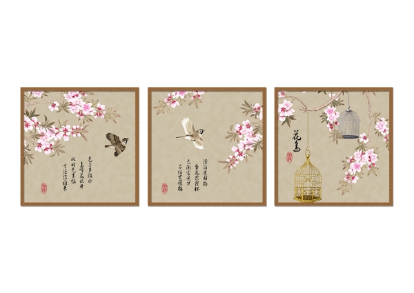 中式简约花鸟画雅致三联装饰画