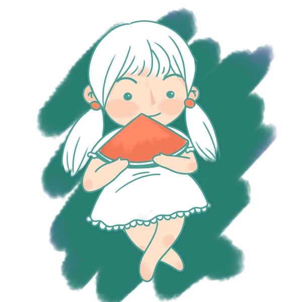 夏天清新吃西瓜的女孩可爱简笔画风格