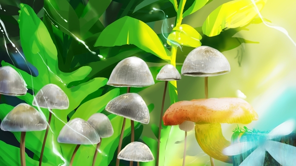 手绘山涧绿林蘑菇背景素材