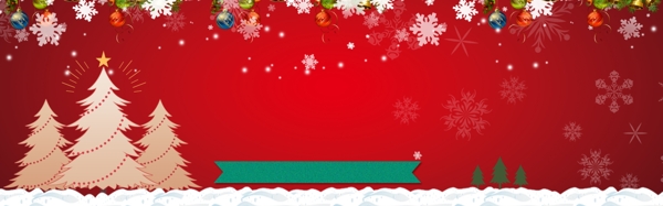 红色雪松雪花圣诞节卡通banner背景