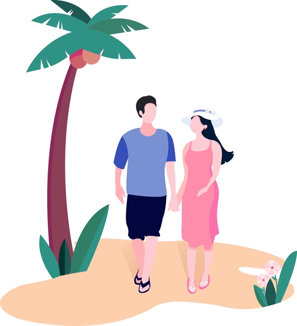 情侣沙滩牵手散步情人节设计素材