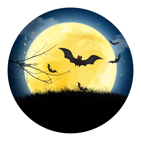 万圣节卡通手绘吸血月夜星空月亮蝙蝠素材