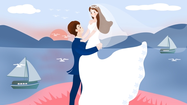 婚礼季新人户外海边日出风景婚纱照原创插画