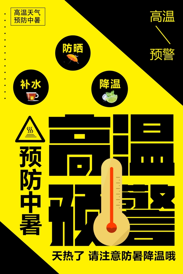 黄色简约大气高温预警海报