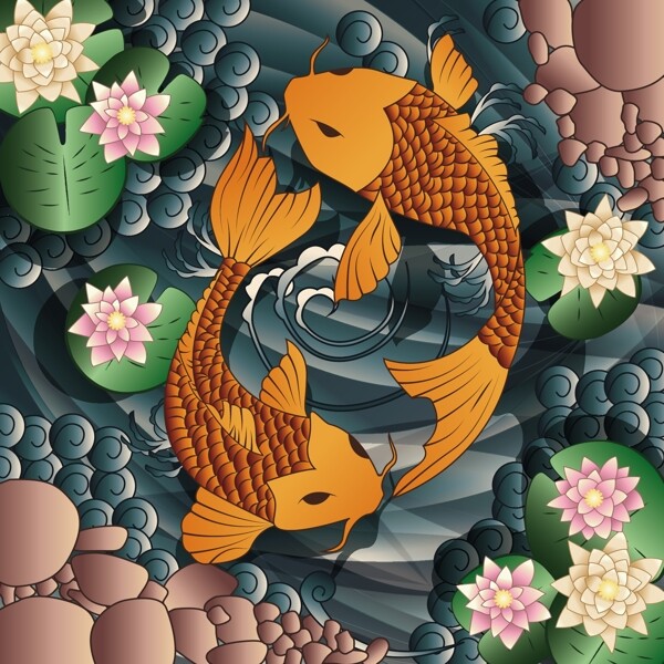 中国风手绘金色锦鲤