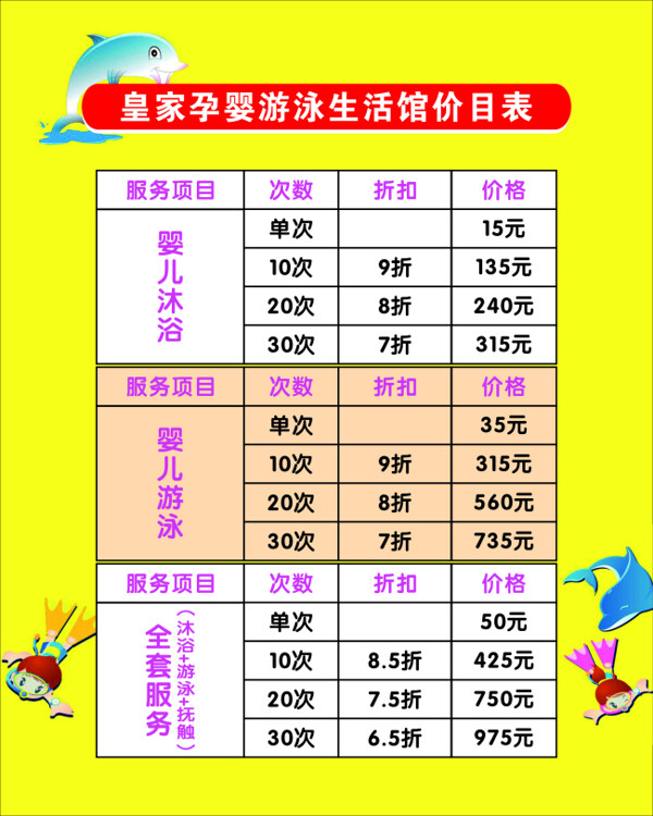 游泳生活館價(jià)目表