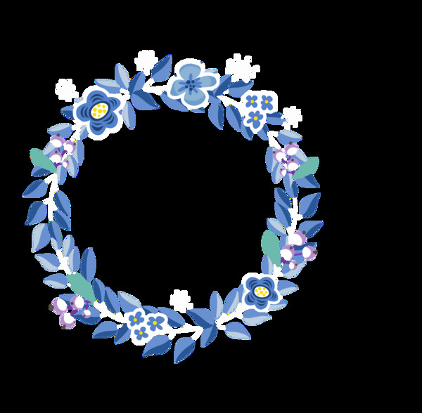 清新深蓝色花朵手绘花环装饰元素